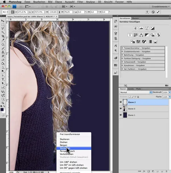 Verzerren und Anpassen des Haarteils