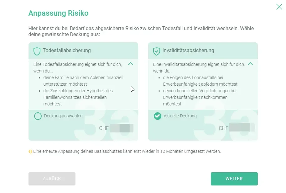 VIAC Life Basisschutz Deckungsauswahl