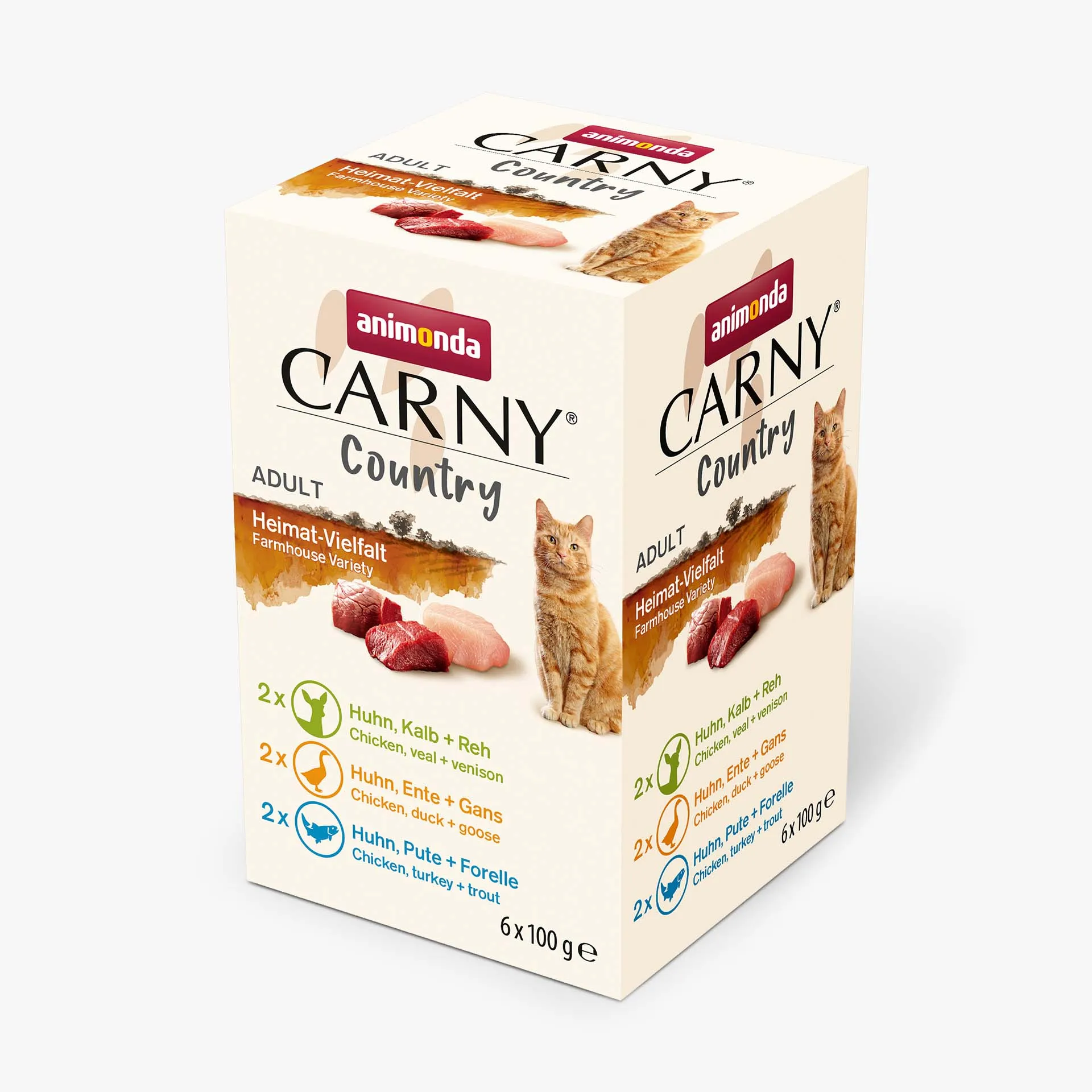 Vielfältige Dosen mit Carny Adult Nassfutter in verschiedenen Geschmacksrichtungen wie Geflügel und Lachs