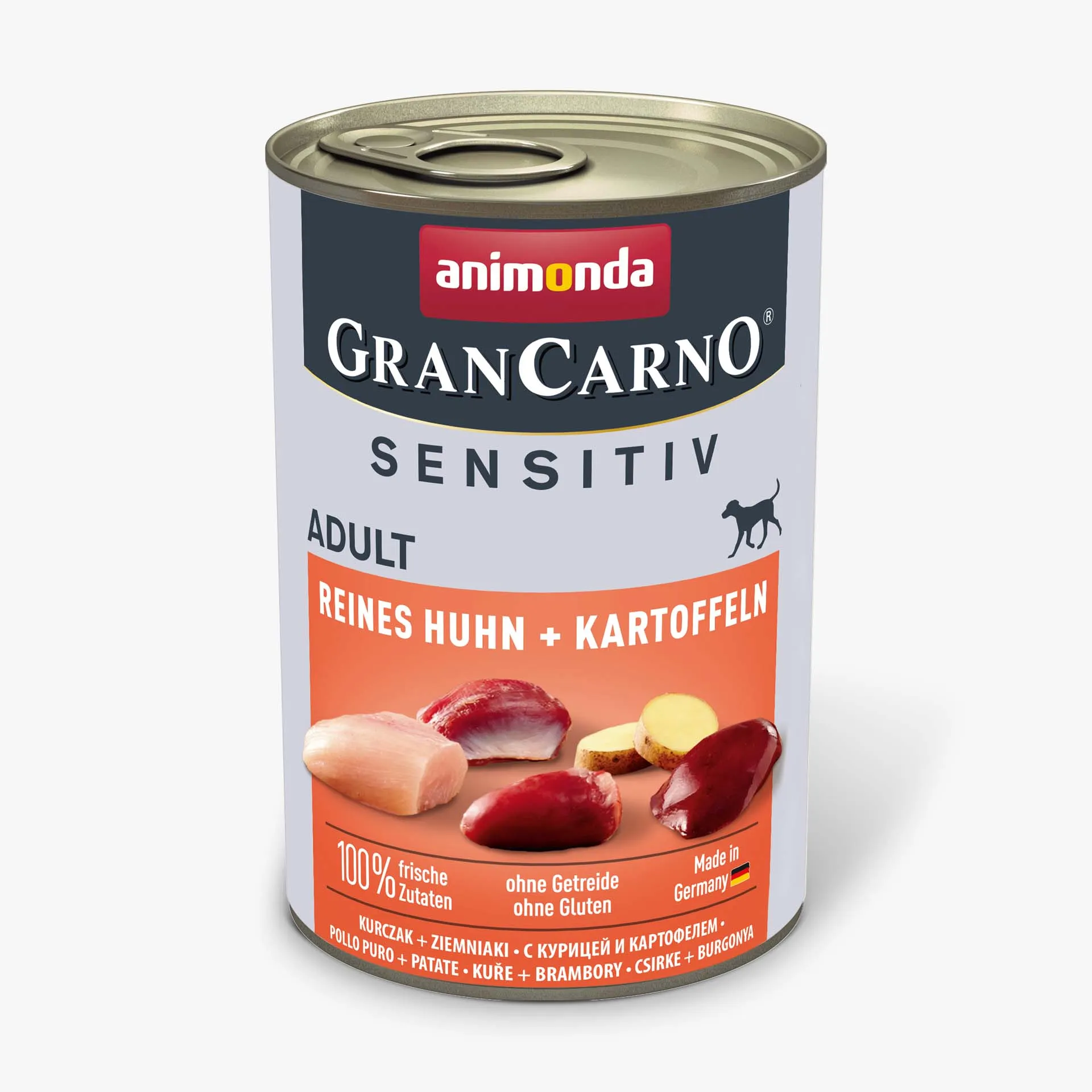 Vier Dosen GranCarno Sensitiv Nassfutter für Hunde, mit Kennzeichnungen wie "reines Huhn und Kartoffeln" und "reine Pute und Kartoffeln".