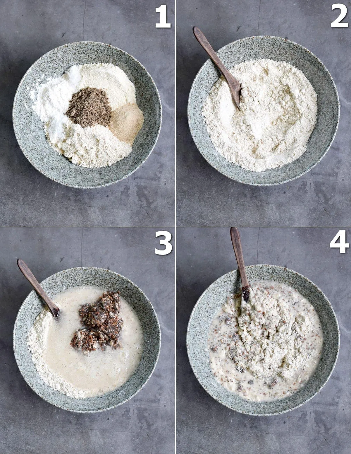 Vier Fotos zeigen den Prozess des Mischens und Knetens von Teig für Vollkornbrötchen