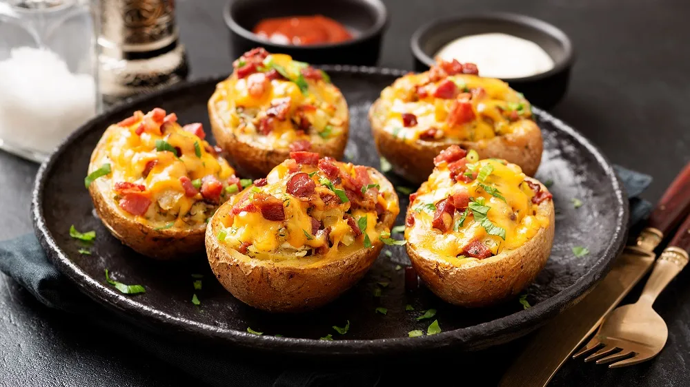 Vier gefüllte Ofenkartoffeln mit geschmolzenem Cheddar, knusprigem Speck und frischen Kräutern in einer Auflaufform