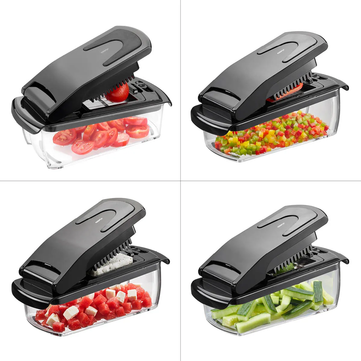 Vier verschiedene Ansichten eines Gemüseschneiders mit Auffangbehälter, geeignet zum Schneiden von Tomaten, Paprika, Wassermelone und Gurken