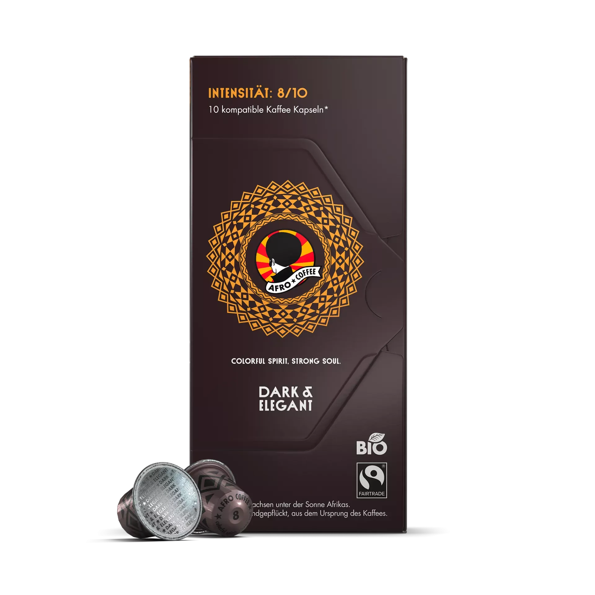 Vier verschiedene Packungen Bio- und Fairtrade-Kaffeekapseln von Afro Coffee