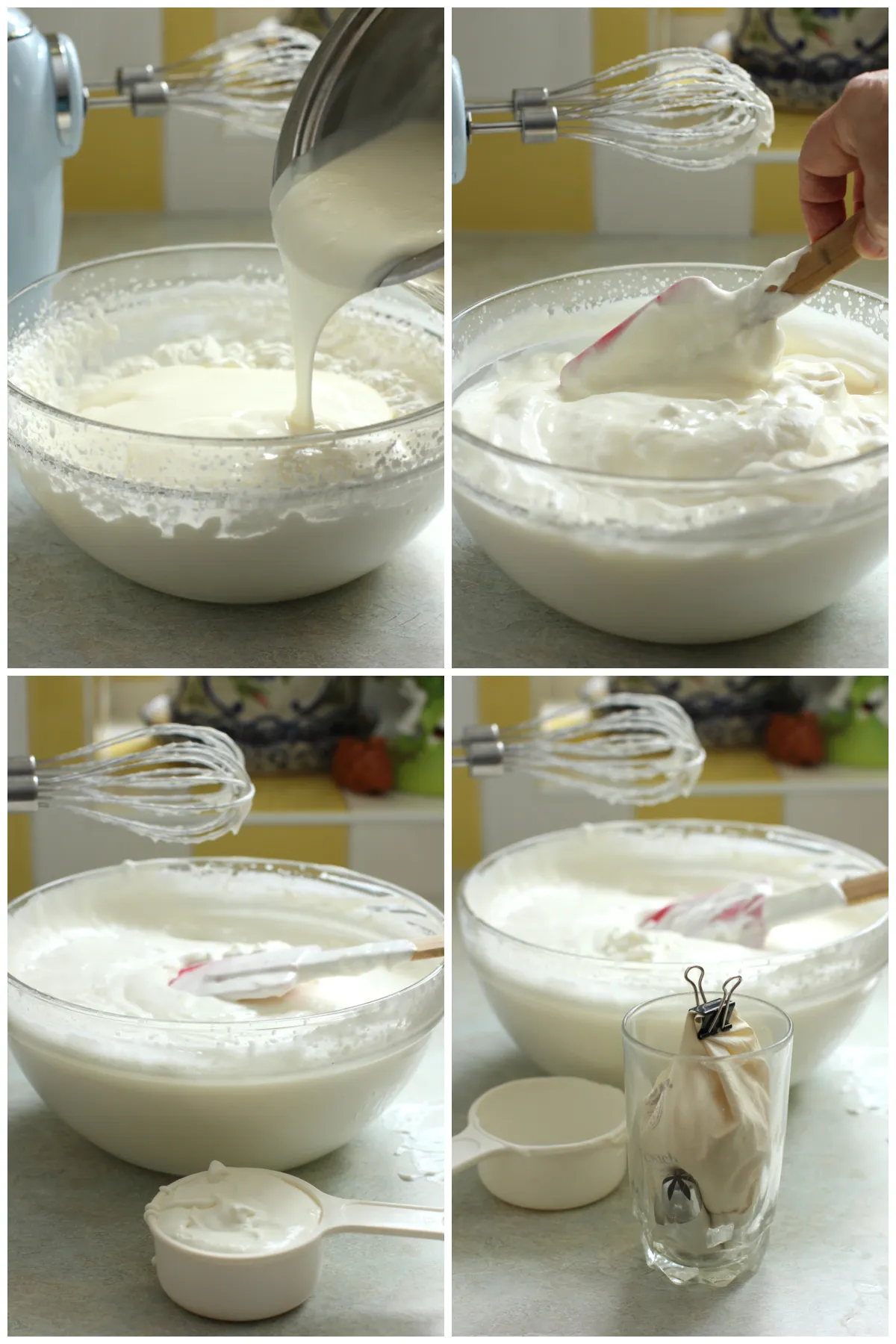 Vierteilige Collage: Gelatine-Joghurt-Mischung über die geschlagene Sahne gießen, unterheben, etwas für die Garnitur entnehmen, in einen Spritzbeutel füllen.