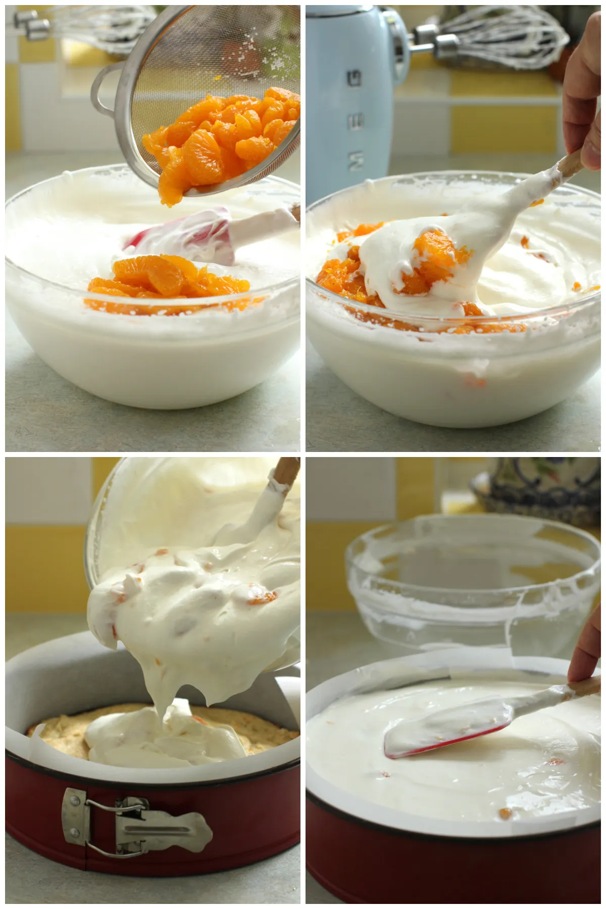Vierteilige Collage: Mandarinenstücke zur Mousse geben, unterheben, Teig in die Form gießen, glattstreichen.