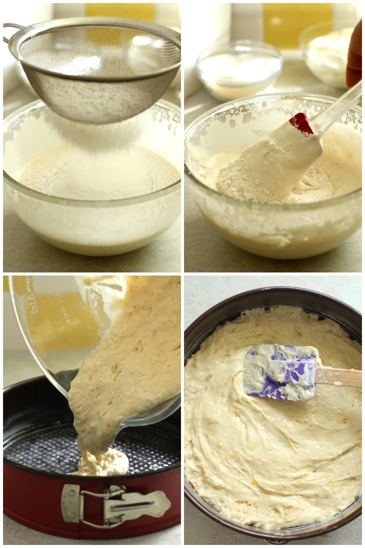 Vierteilige Collage: Mehl und Backpulver sieben, unterheben, Teig in die Form gießen, glattstreichen zum Backen.