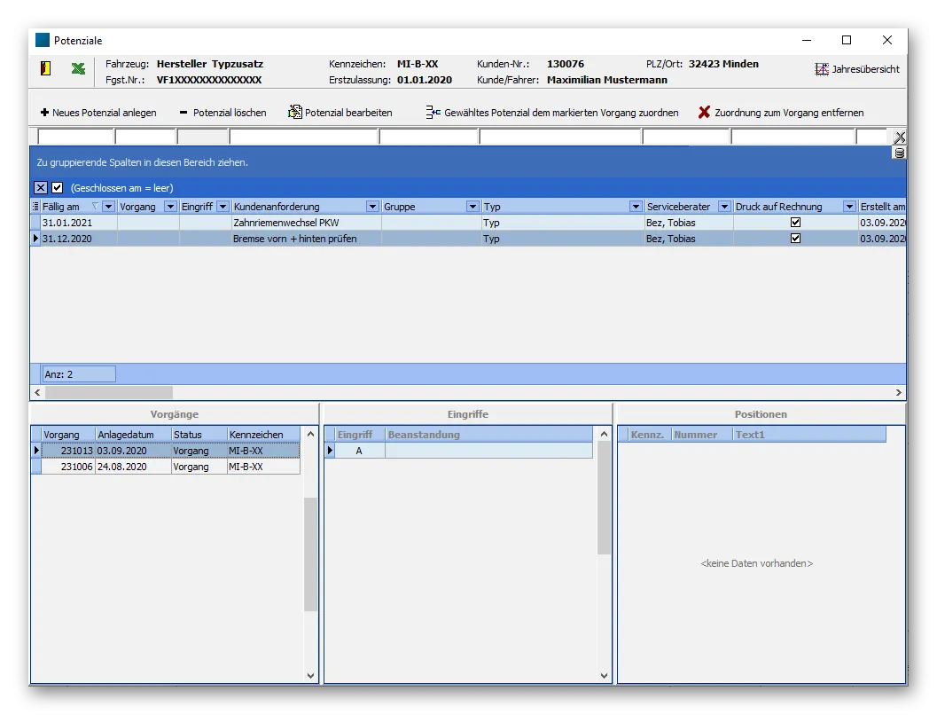 Visualisierung des Potenziale-Moduls zur Erfassung und Nachverfolgung von Zusatzarbeiten in der Werkstattsoftware