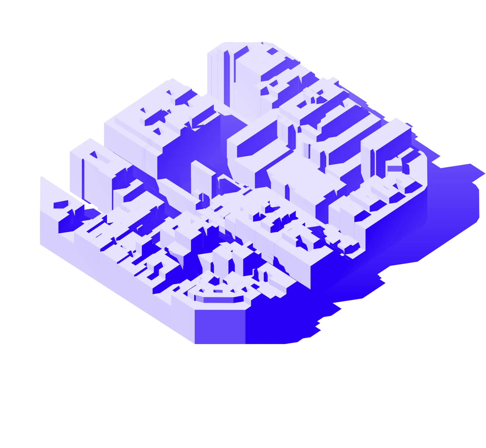 Visualisierung eines gerenderten Stadtmodells mit detaillierten Gebäuden