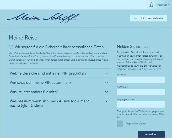 Visuelle Darstellung der Mein Schiff Startseite mit Suchfunktion und Routenübersicht