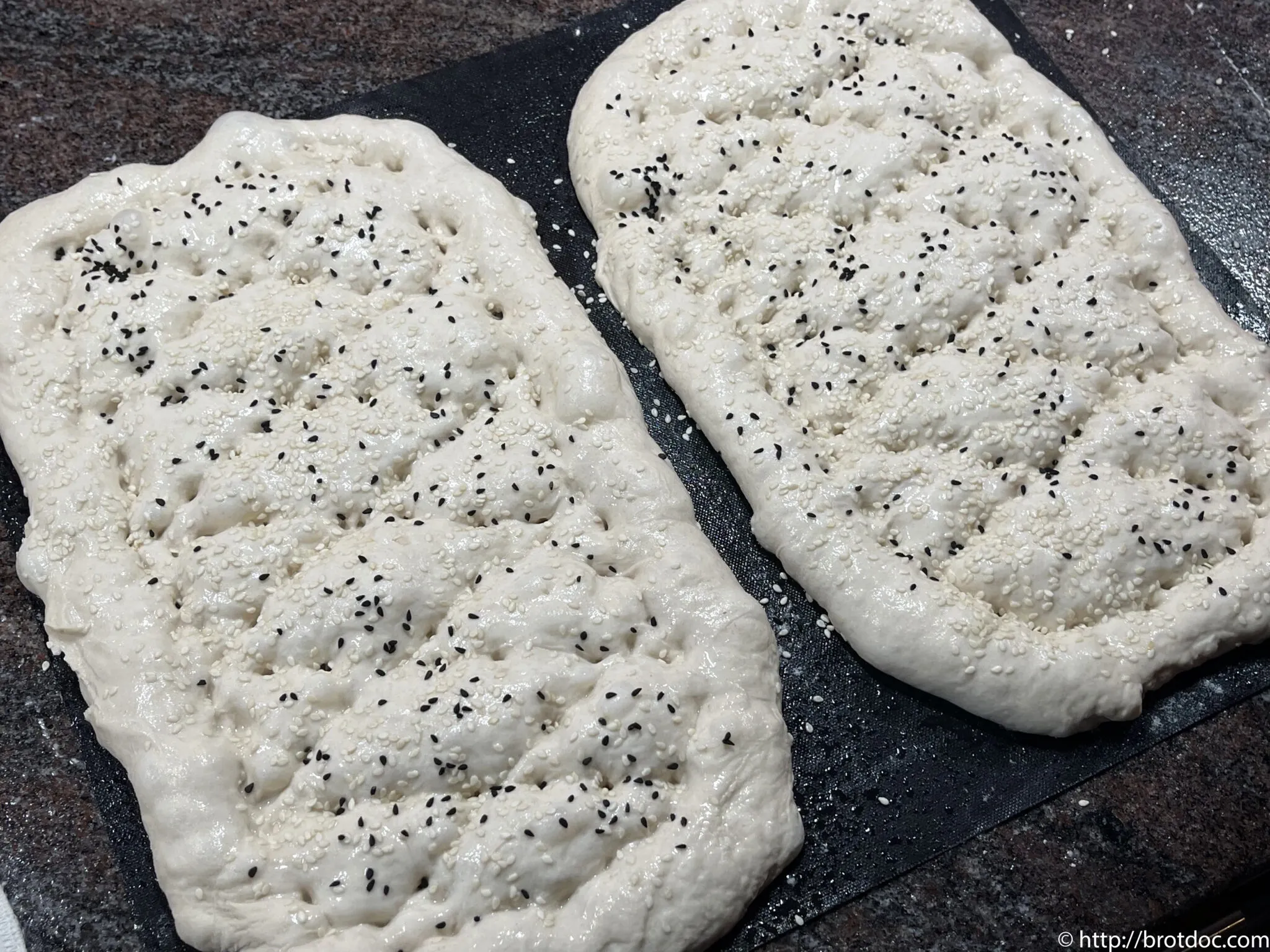 Vorbereitete, ovale Teiglinge bestreut mit Sesam und Schwarzkümmel, bereit zum Backen