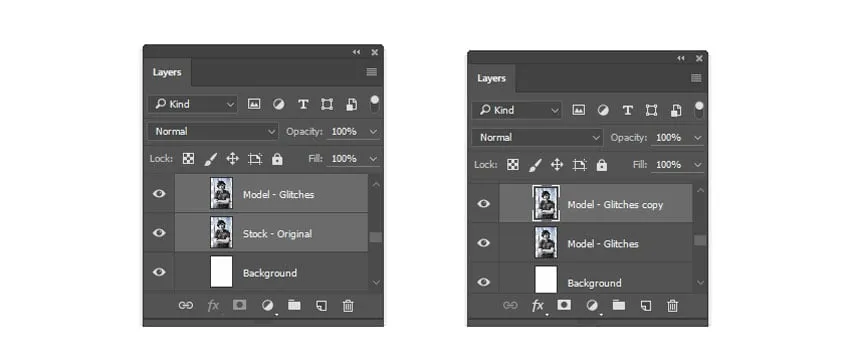 Vorbereitung der Ebenen für den wellenförmigen Glitch-Effekt durch Zusammenfügen und Duplizieren