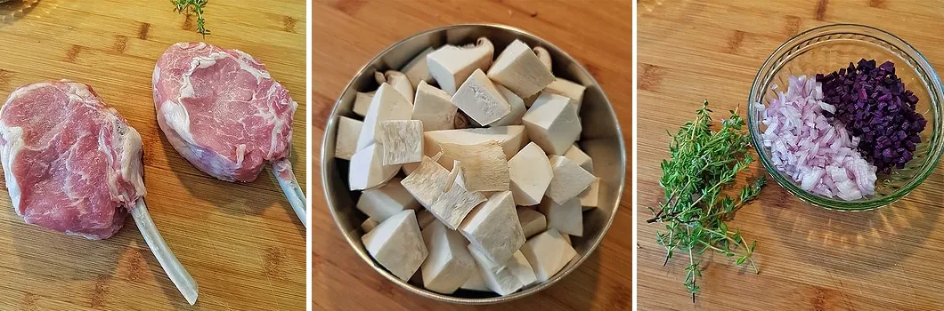 Vorbereitung der Zutaten für Kalbskotelett, Kräuterseitlinge und die lila Sauce