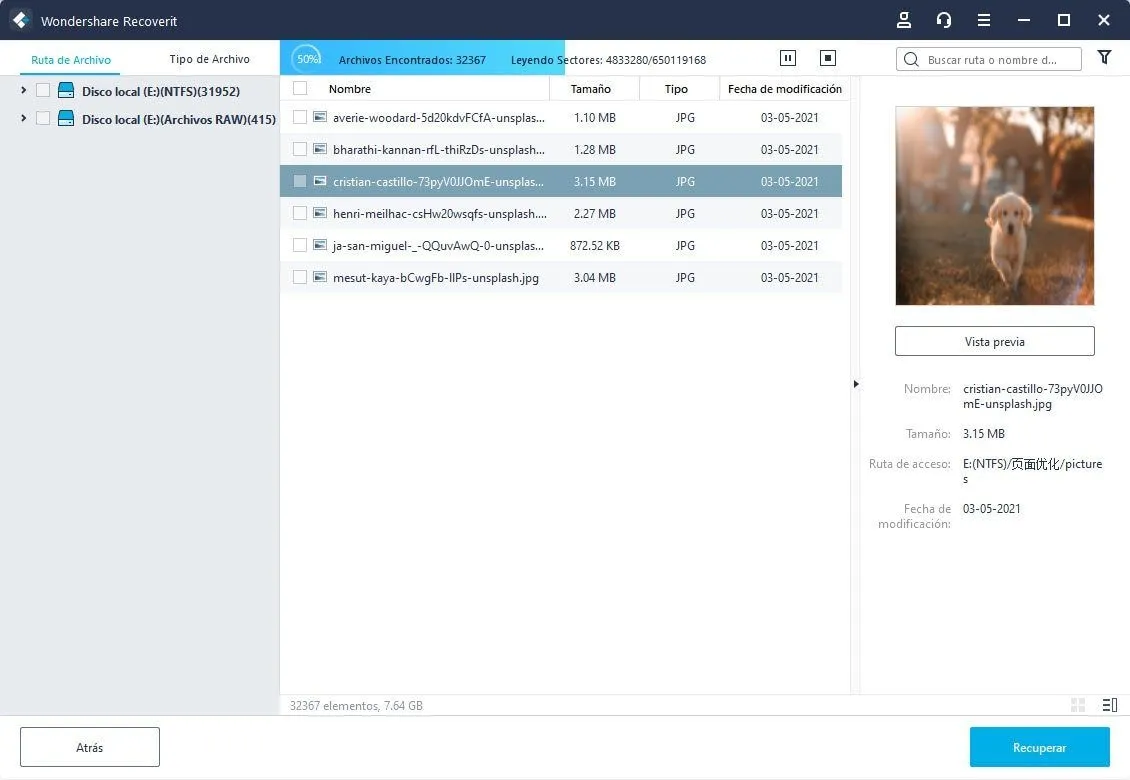 Vorgänge während des Scans mit Recoverit