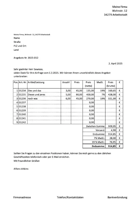 Vorschau auf die kostenlose Angebotsvorlage mit Excel