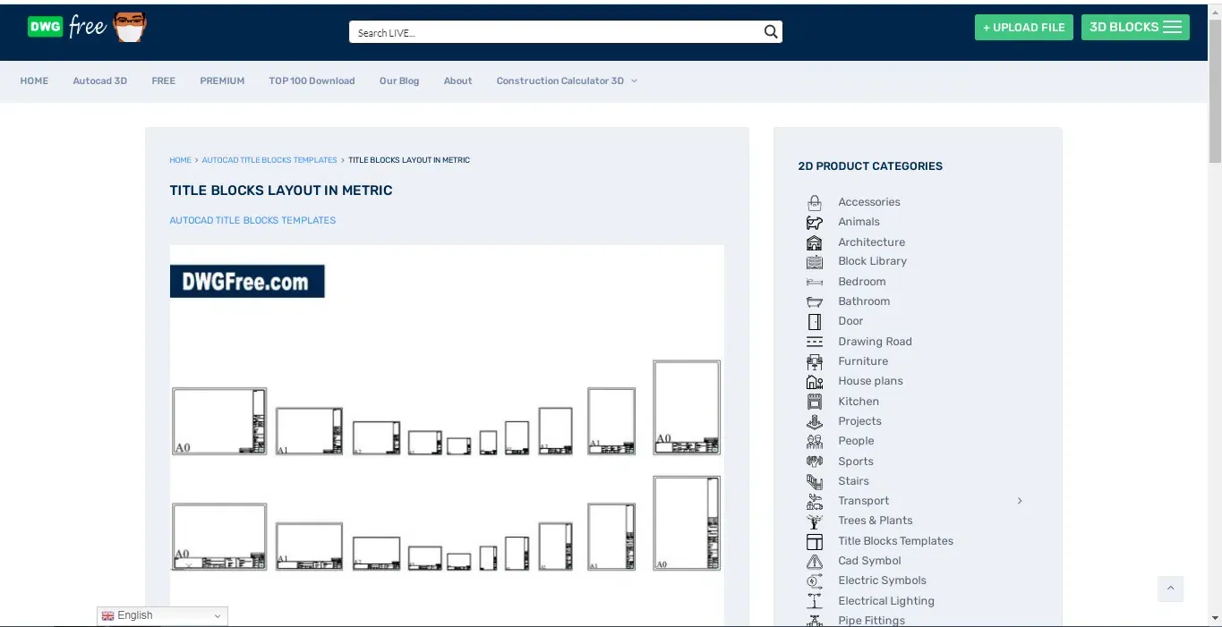 Vorschau eines metrischen Titelblock-Layouts auf der DWGfree-Website.