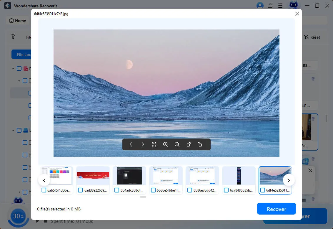 Vorschau von wiederhergestellten Fotos in der Recoverit Software