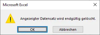 Warnmeldung von Excel beim Löschen eines Datensatzes über die Eingabemaske