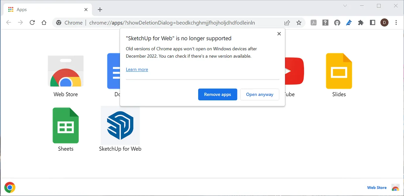 Warnmeldung zur möglichen Einstellung der Unterstützung für die SketchUp-Web-App
