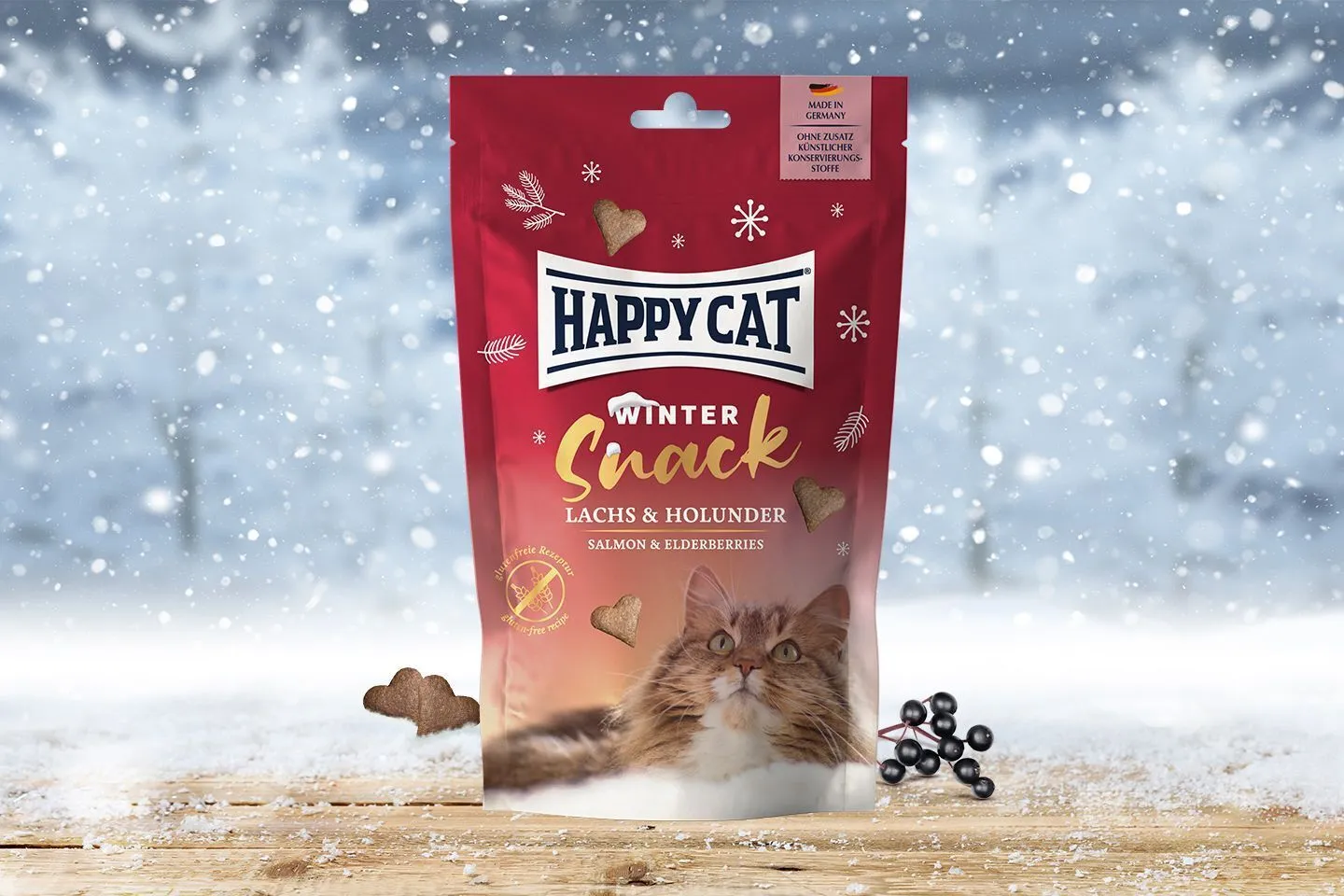 Werbebanner für den limitierten Winter Snack von Happy Cat mit Lachs und Holunder.