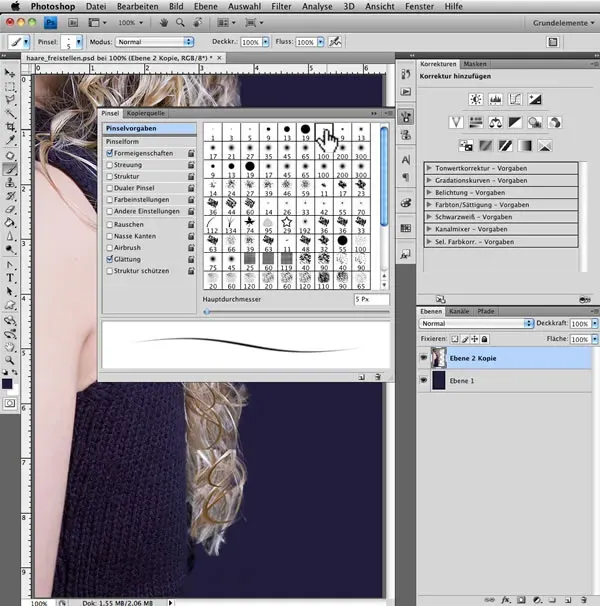Werkzeugeinstellung für den Pinsel