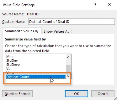 Wertfeldeinstellungen Eindeutige Anzahl