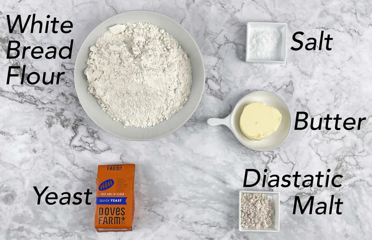 White bread flour, salt, butter, diastatic malt and instant yeast.