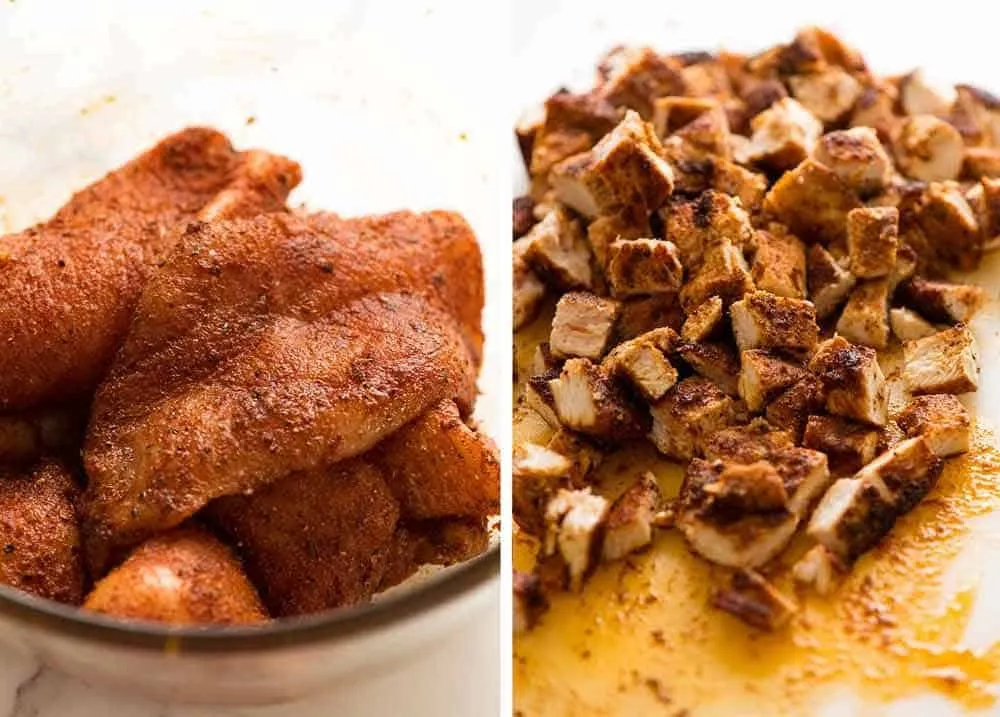 Würzige mexikanische Hähnchenstücke, bereit für die Burrito-Füllung