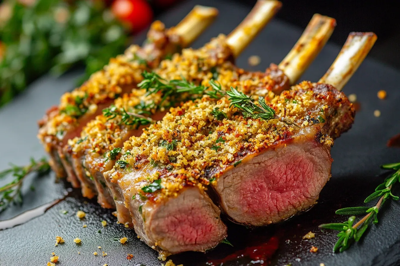 Zartes Lammkarree mit knuspriger Kräuterkruste, perfekt für festliche Anlässe