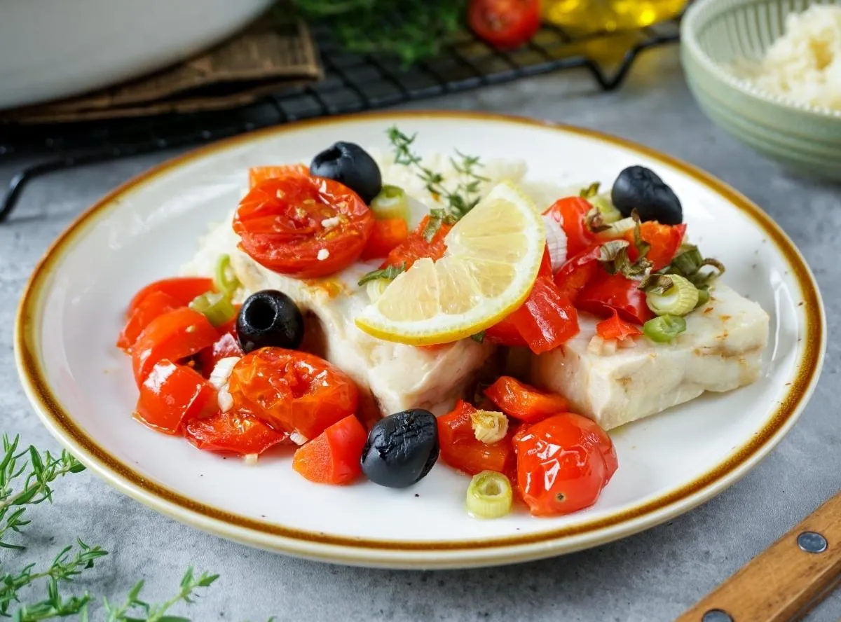 Zartes Seelachsfilet mit buntem Ofengemüse, eine vollwertige Mahlzeit
