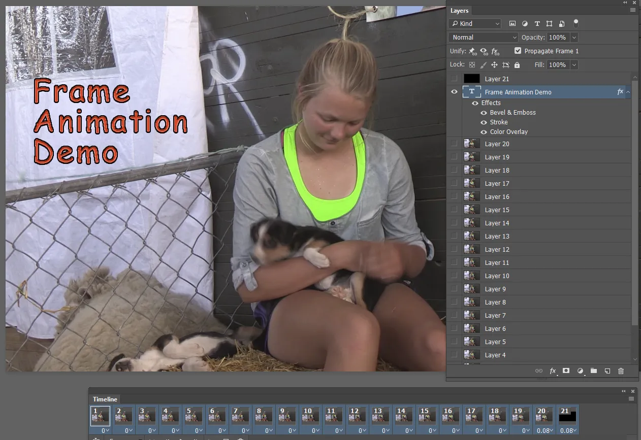 Zeitleiste mit Textebene und Einstellungen für die Frame-Verzögerung in Photoshop