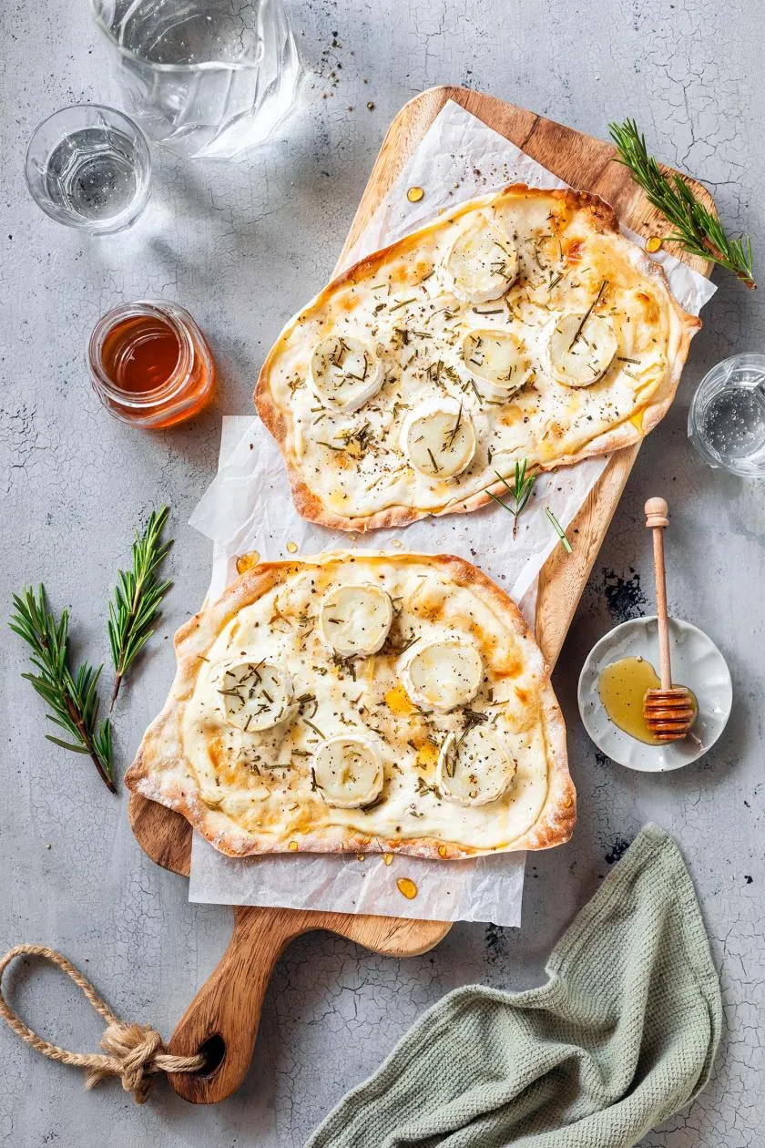 Ziegenkäse, Honig und Rosmarin auf knusprigem Teig
