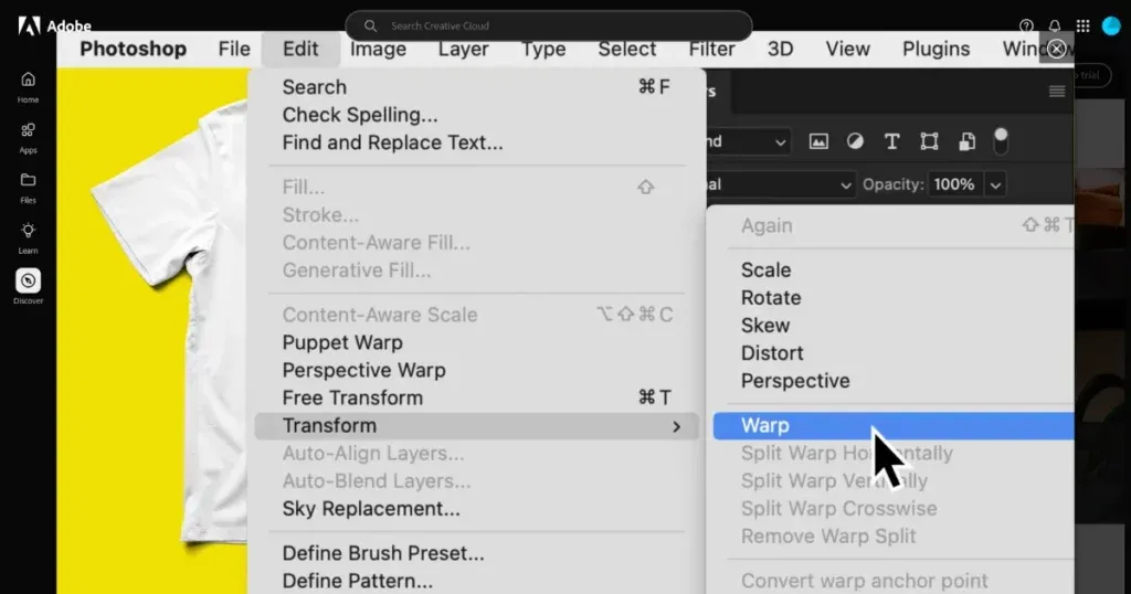 Zu Bearbeiten > Transformieren > Verzerren gehen beim T-Shirt-Mockup in Photoshop