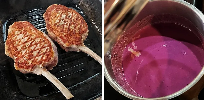 Zubereitungsprozess der cremigen lila Thymian-Sahnesauce und der angebratenen Kalbskoteletts