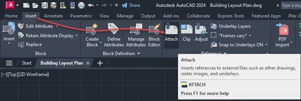 Zugriff auf den Attach-Befehl im Einfügen-Reiter unter Referenz-Panel in AutoCAD