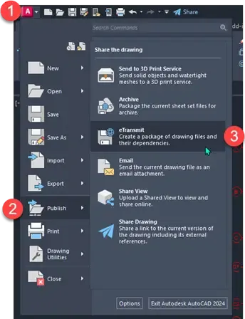 Zugriff auf eTransmit über Publish-Menü in AutoCAD