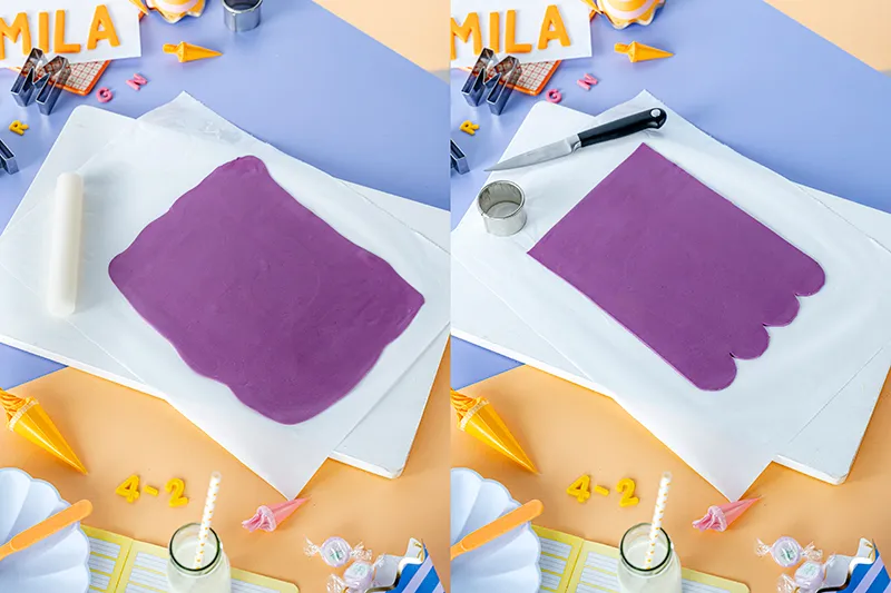 Zuschnitt des lila Fondants für den Stiftkörper.