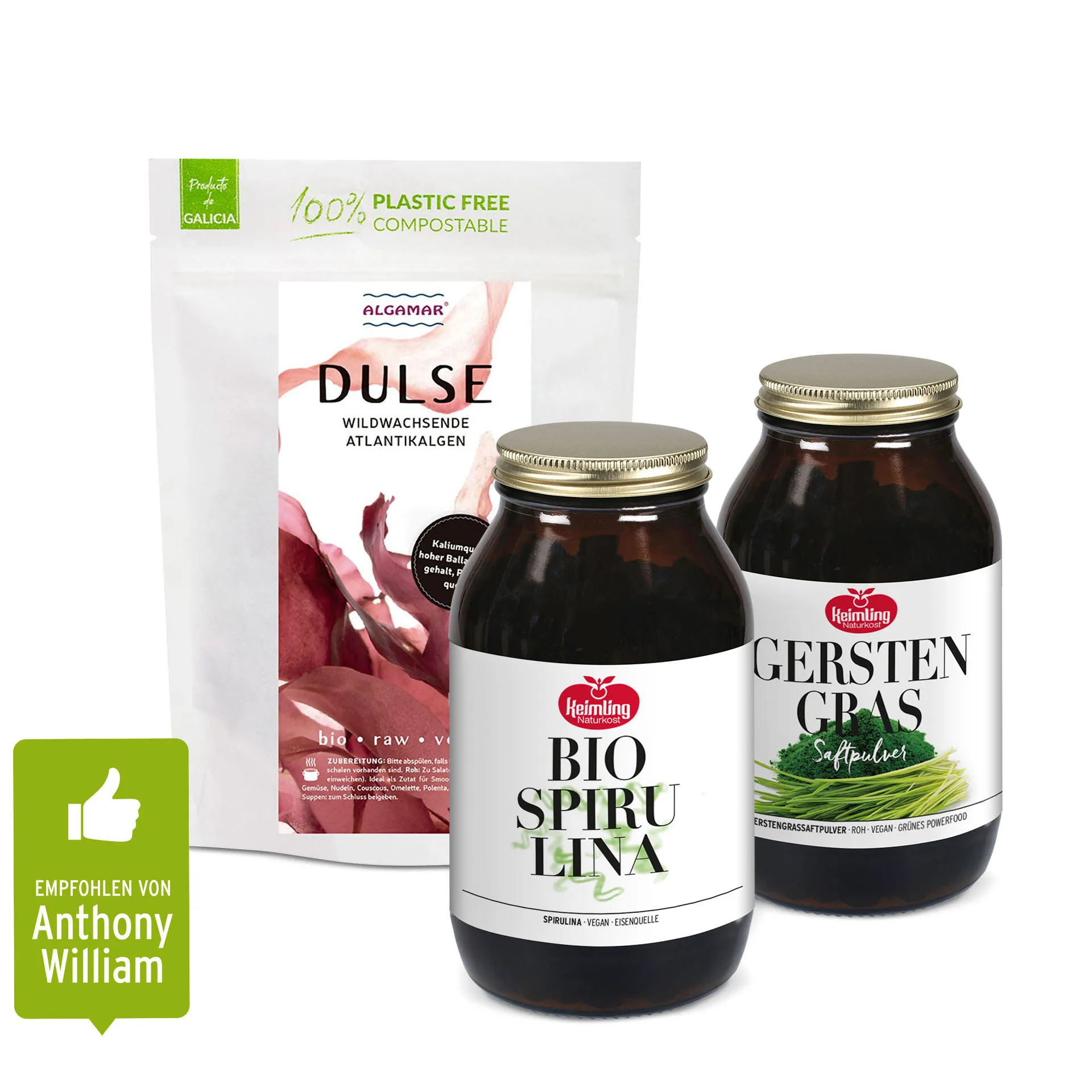 Zwei braune Gläser mit goldenen Deckeln und eine weiße Verpackung, die Superfood-Produkte nach Anthony William zeigen