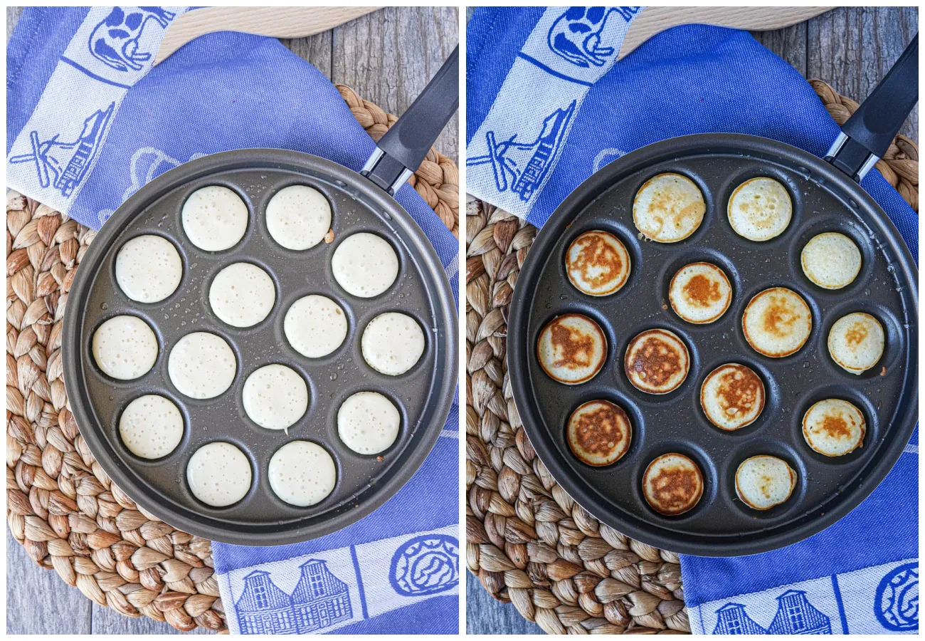 Zwei Collage-Fotos zeigen Poffertjes-Teig in einer Poffertjespfanne und anschließend die goldbraune Unterseite nach dem Wenden.