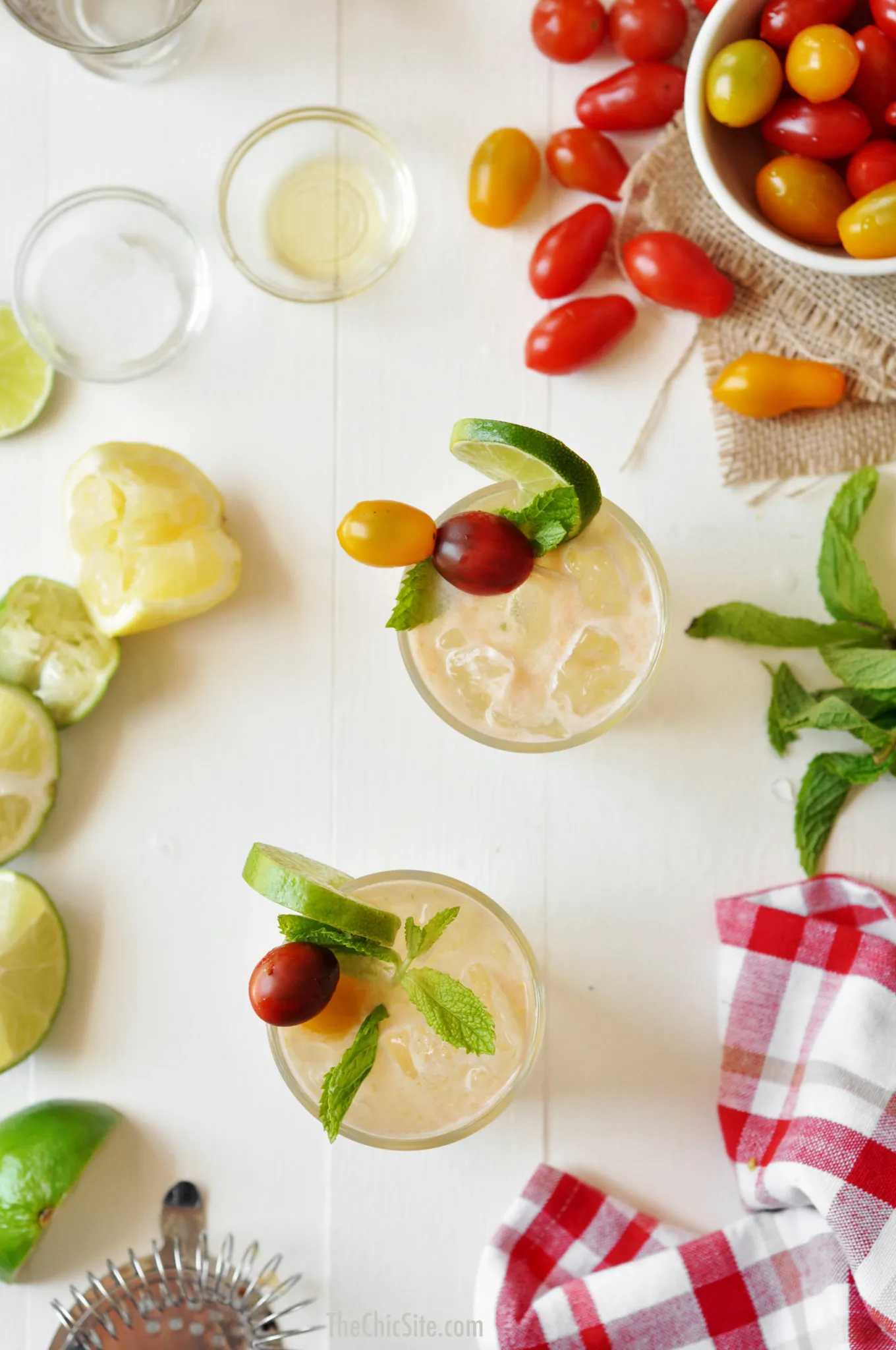 Zwei fertige Tomaten Mojitos in Gläsern, bereit zum Servieren, garniert mit Minze und Tomaten