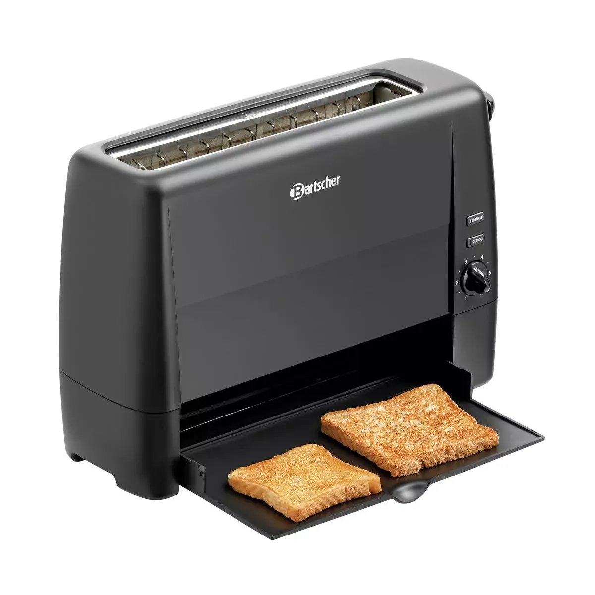 Zwei goldbraun getoastete Brotscheiben, die aus der praktischen Toastrutsche des Bartscher Toasters TS20Sli gleiten.