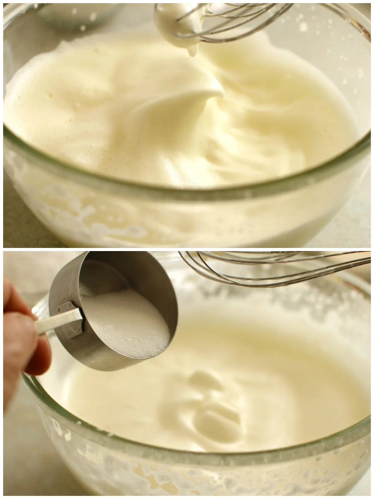 Zweiteilige Collage: oben das aufgeschlagene Ei, unten das Hinzufügen von Zucker.