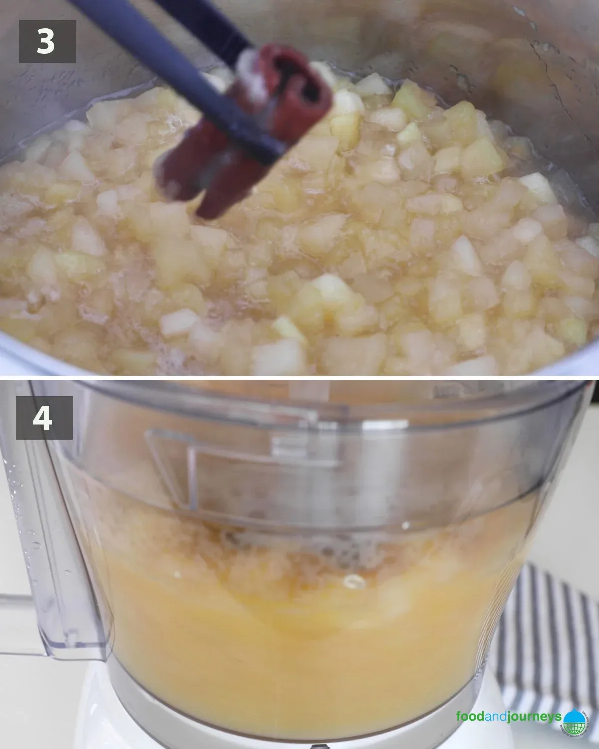 Zweiter Teil eines Collagen-Bildes mit der Schritt-für-Schritt-Anleitung zum Pürieren des deutschen Apfelmus.