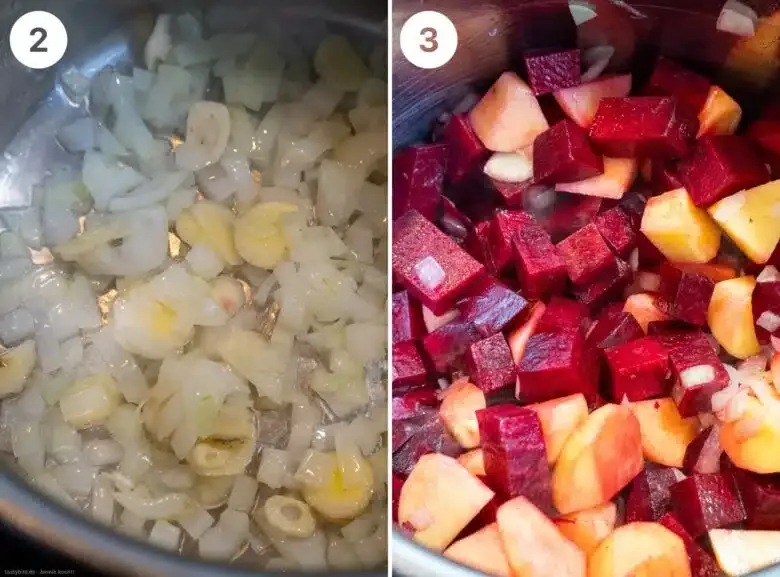 Zwiebeln andünsten und anschließend restliches Gemüse hinzugeben