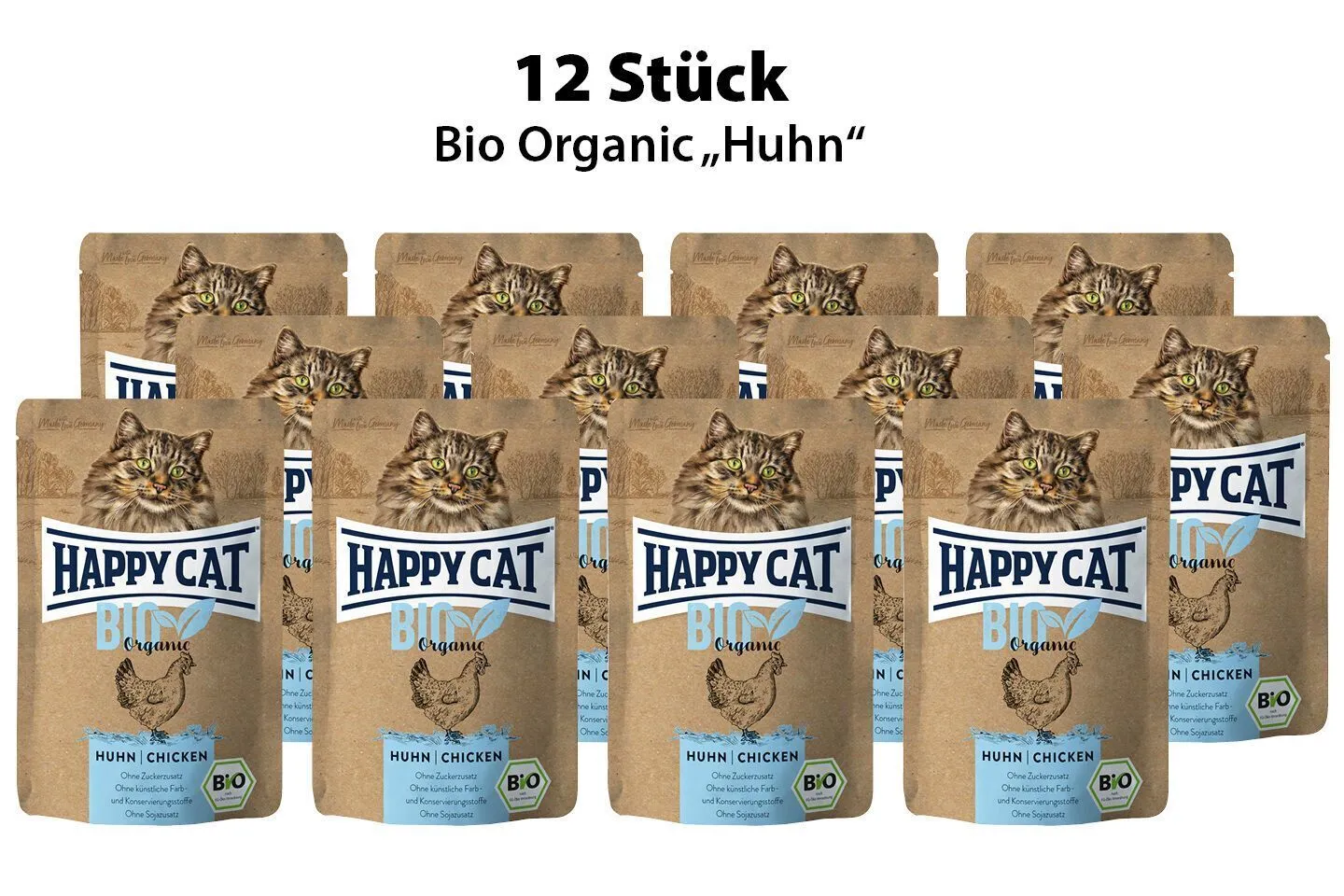 Zwölf Packungen Happy Cat Bio Organic „Huhn“ Katzenfutter mit Katzenmotiv
