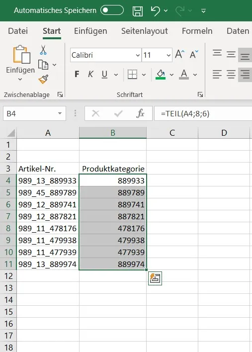 Anwendung der TEIL-Funktion auf alle Zellen