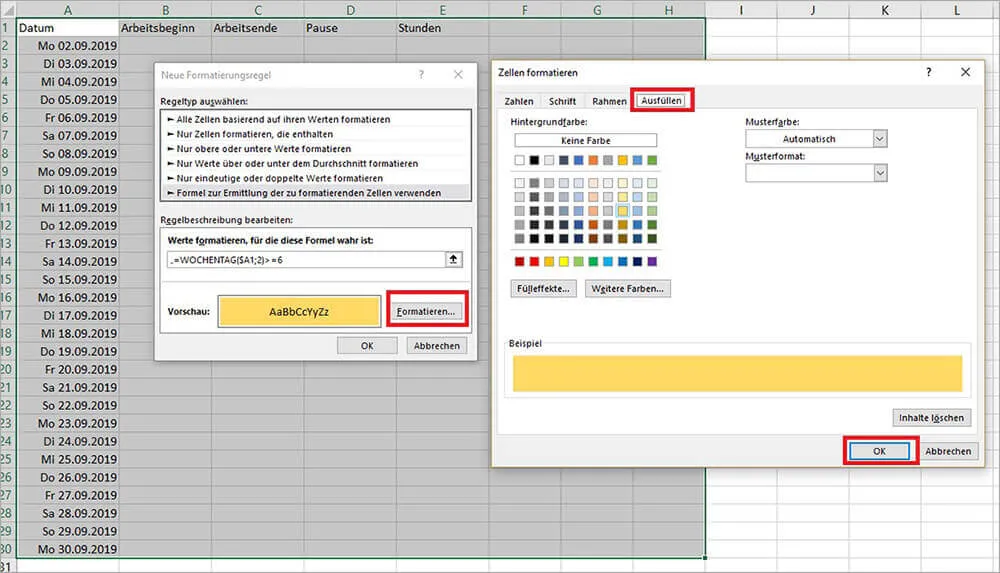 Arbeitszeittabelle mit farblich hervorgehobenen Wochenenden