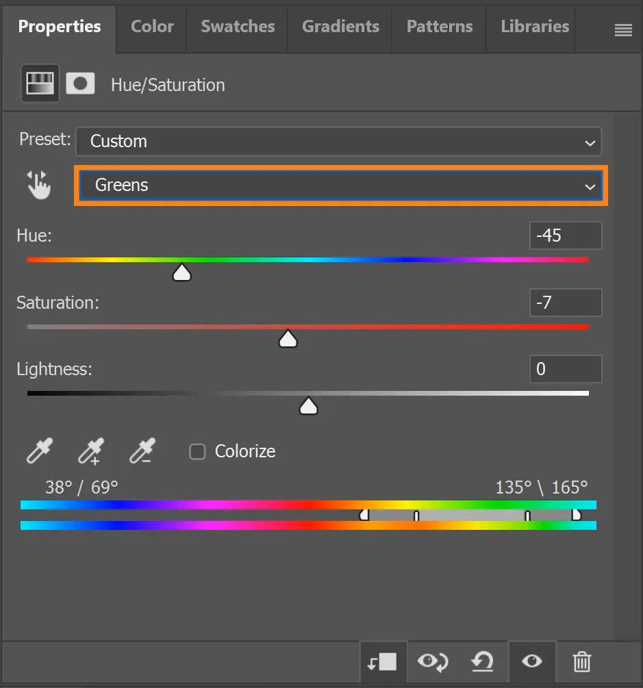 Auswahl von Grüns im Farbton/Sättigung-Menü