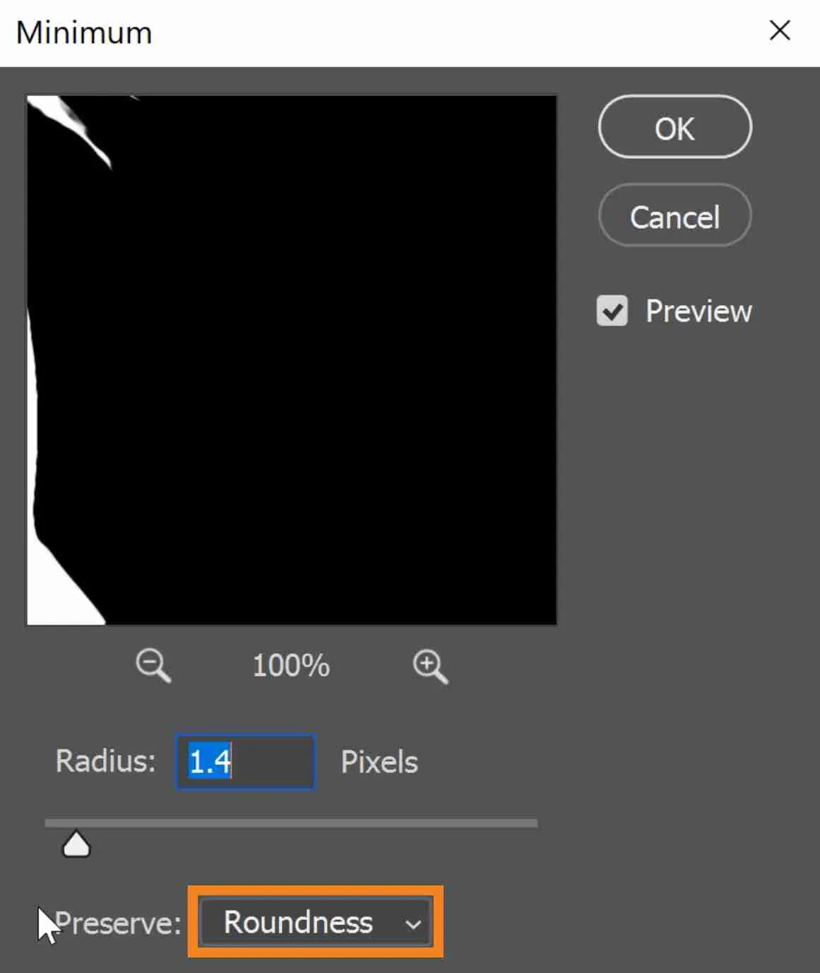 Auswahl von Rundheit oder Eckigkeit im Minimum-Filter
