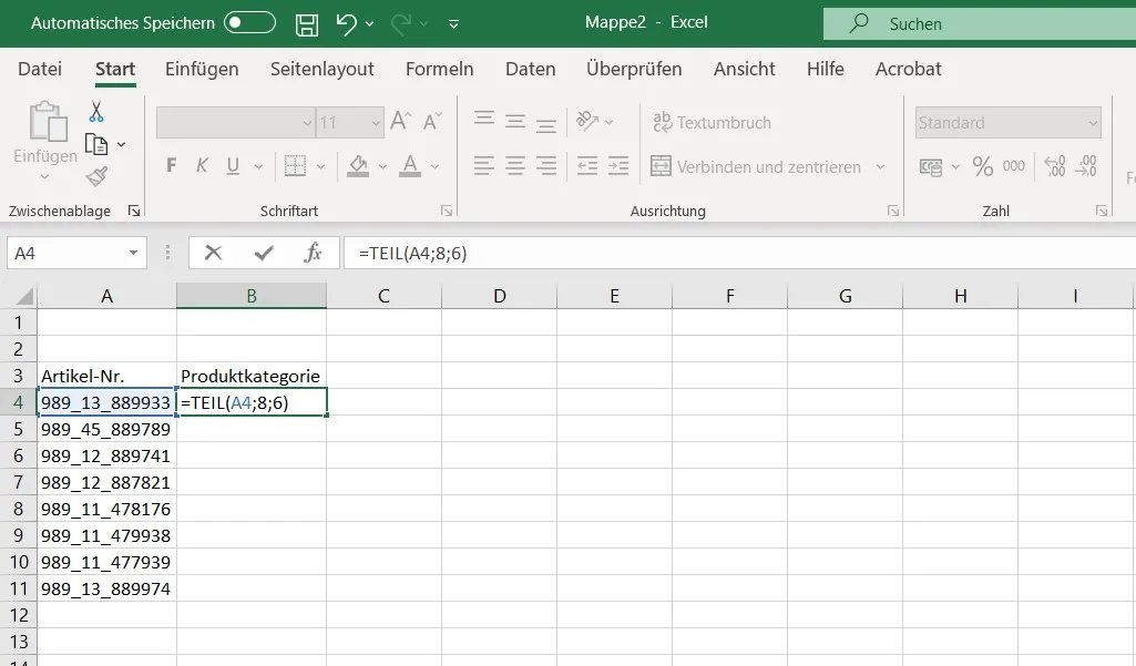 Beispiel für die TEIL-Funktion
